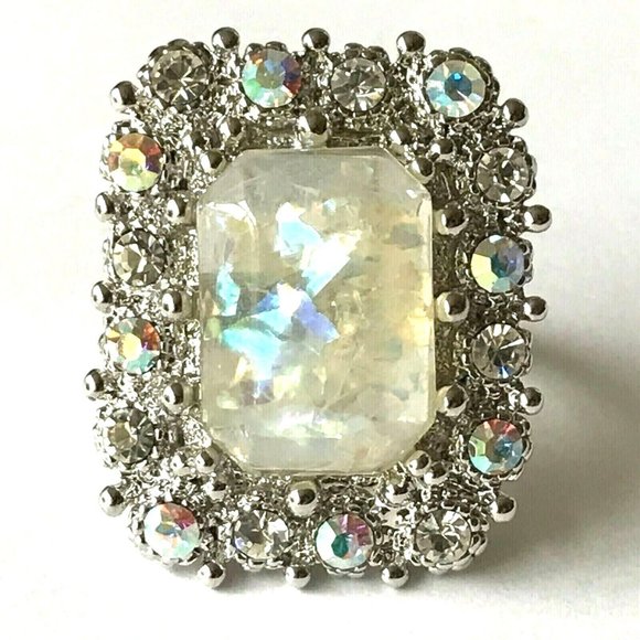 Vintage Silver Art Deco Opalescent Cocktail Ring Size 7 Camilla Lucia Plated - Picture 1 of 12